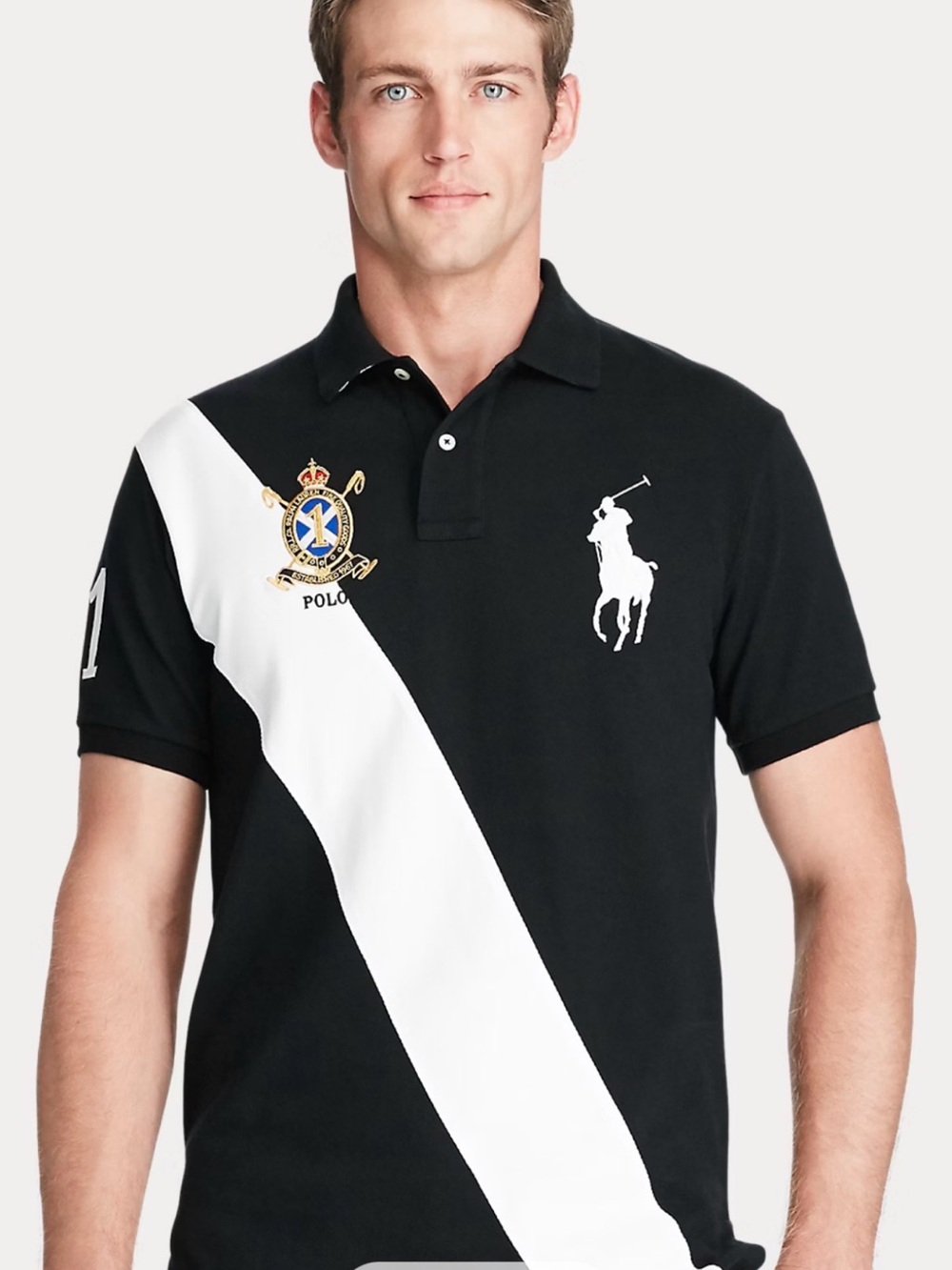 Ralph Lauren Black Polo with White Diagonal Stripe & Crest Small